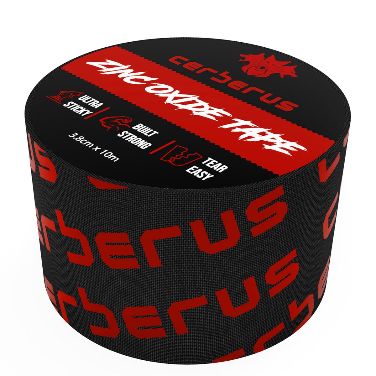 Roll of black cerberus tape with red and white text on a white background