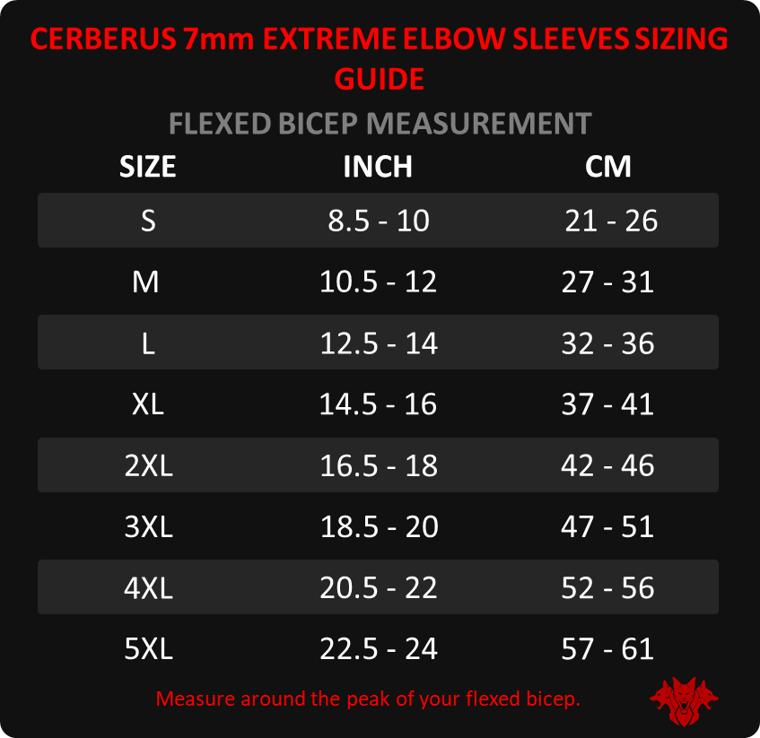 Extreme elbow sleeves sizing guide - Cerberus-strength